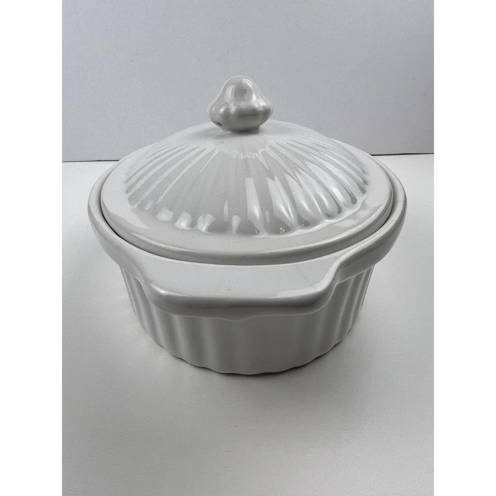 Vintage White Japan Covered Casserole‎ Dish Oven Proof Oval Lid Stoneware Ribbed